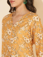 Janasya Women's Mustard Moss Floral Printed Casual Front Slit Co-ords | Grocsy