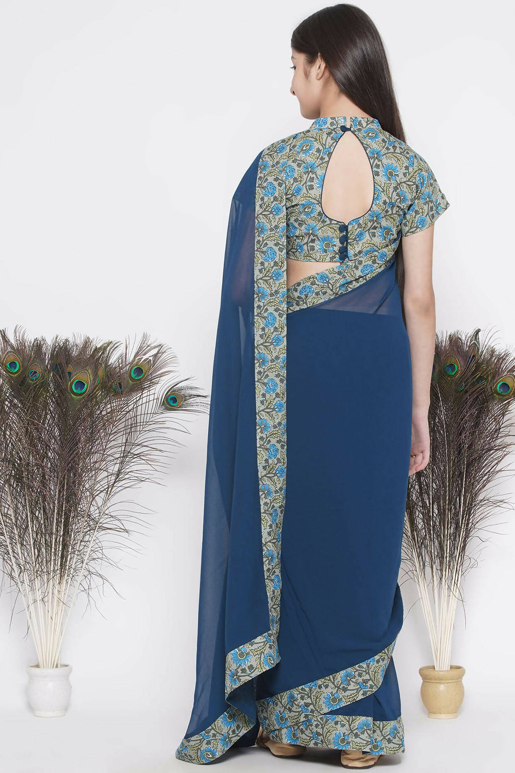 Little Bansi Floral Print Ready To Wear Saree And Floral Blouse - Blue | Grocsy