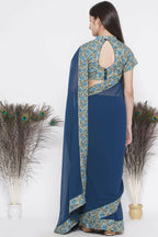 Little Bansi Floral Print Ready To Wear Saree And Floral Blouse - Blue | Grocsy