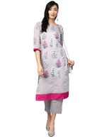 Ahalyaa Women Grey Chanderi Silk Printed Kurta Pant Set | Grocsy