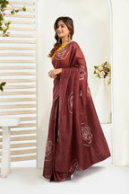 Vastranavya Dark Brown Digital Printed Linen Ready To Wear Designer Saree with Unstitched Blouse | Grocsy