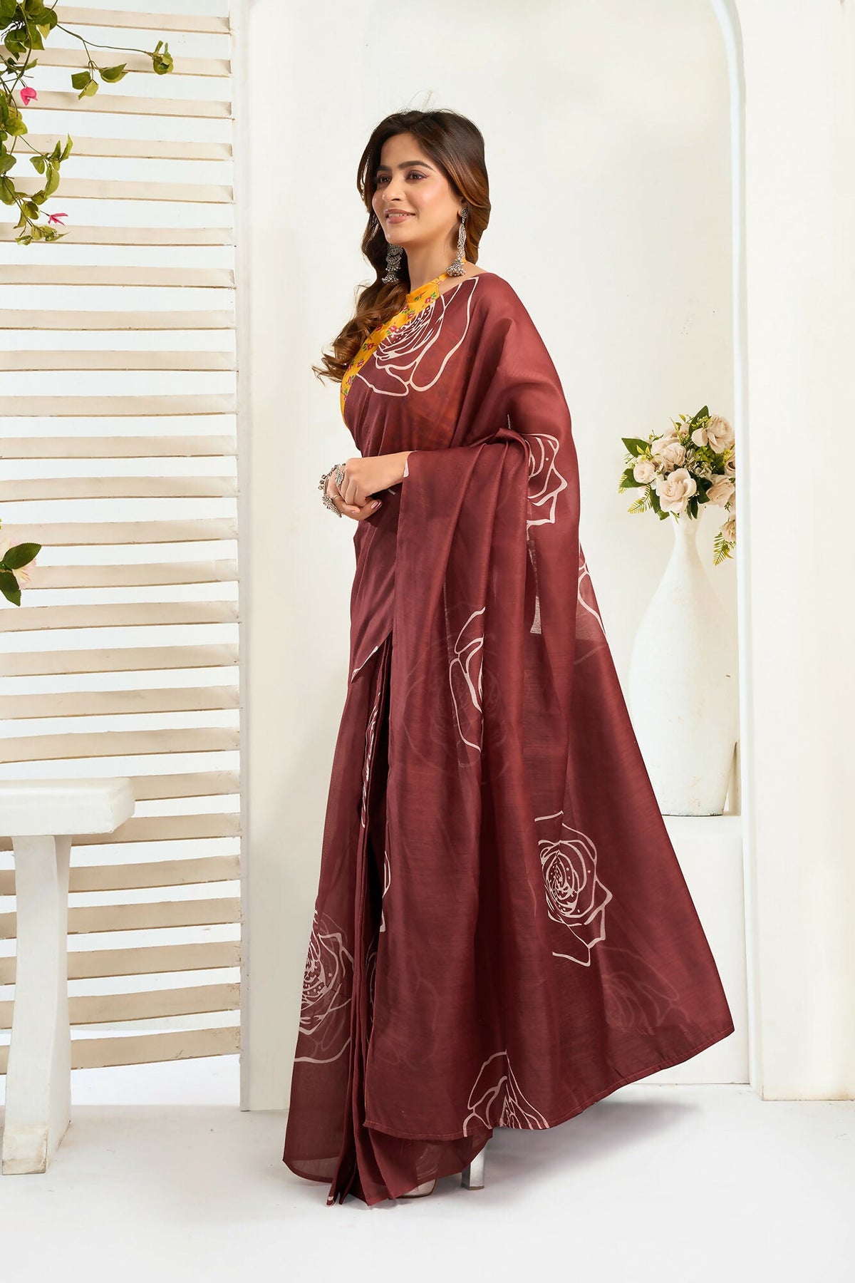 Vastranavya Dark Brown Digital Printed Linen Ready To Wear Designer Saree with Unstitched Blouse | Grocsy