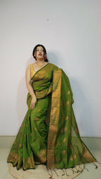 Exclusive Collection Beautiful Olive Green Cotton Silk Woven Handloom Saree With Running Blouse Piece | Grocsy