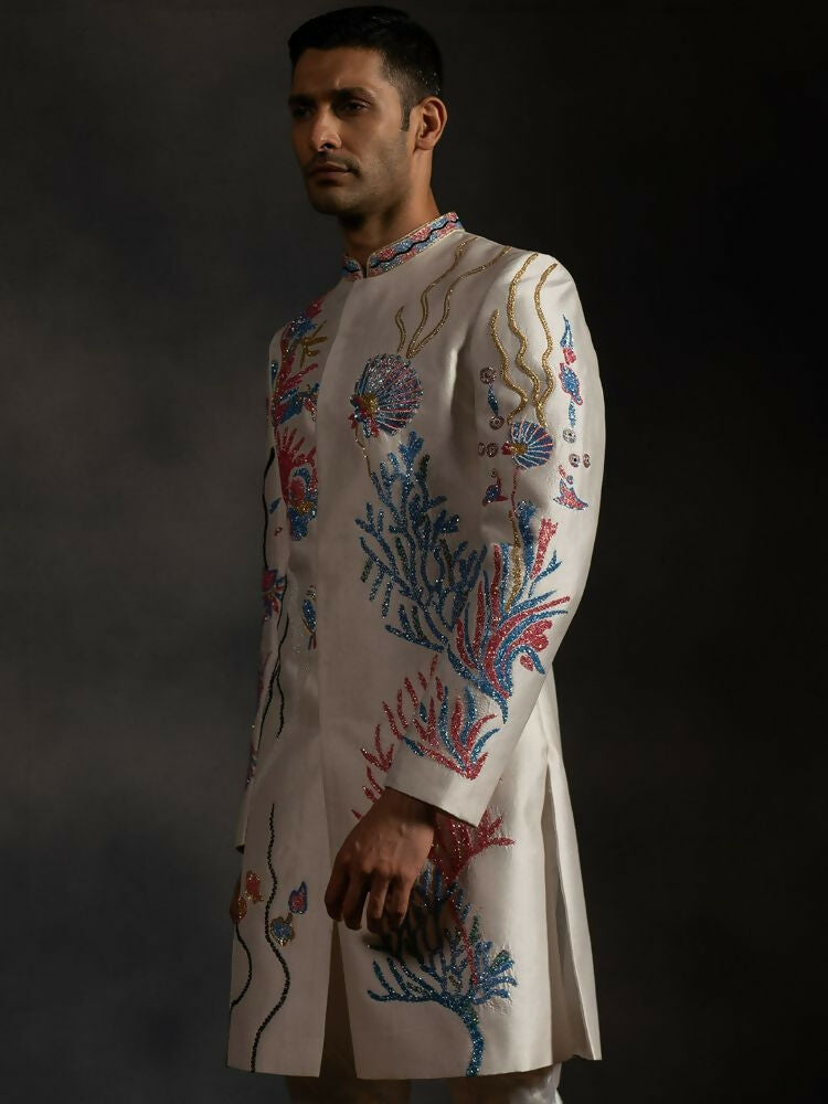 Off White Aqua Hand Embroideried Indowestern Sherwani by Hilo Design | Grocsy