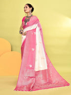 Joban Fashion White & Rani Pink Plain With Weaving Border Banarasi Silk Sarees | Grocsy