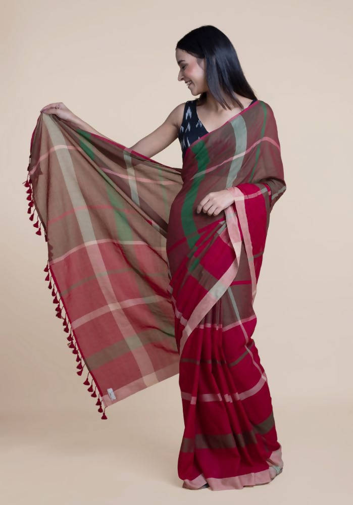 Suta Women Maroon Green Pure Handloom Cotton Saree | Grocsy