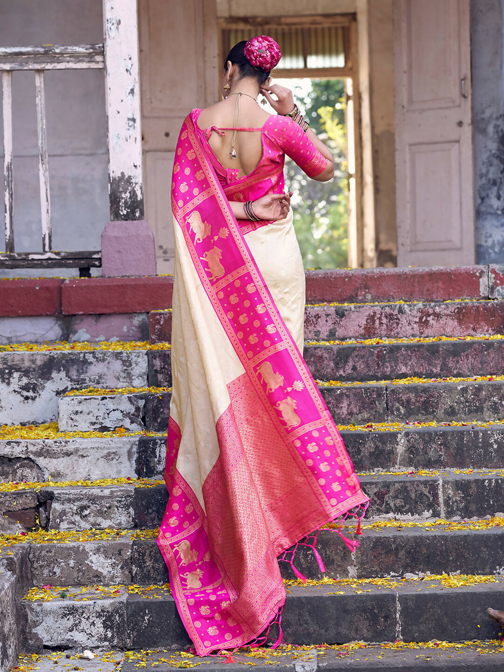 Shree Shyam Fashion Cream Soft Silk Saree | Grocsy