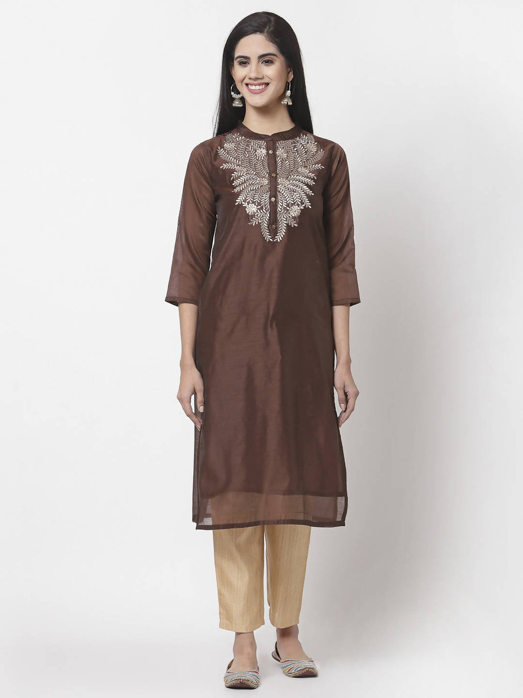 Myshka Women Maroon Chanderi Embroidered 3/4 Sleeve Round Neck Kurta | Grocsy