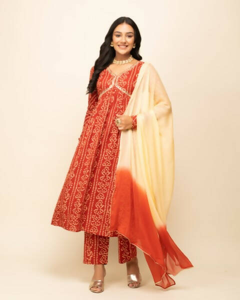 FIORRA Women's Red Cotton A-Line Kurta Pant With Dupatta | Grocsy