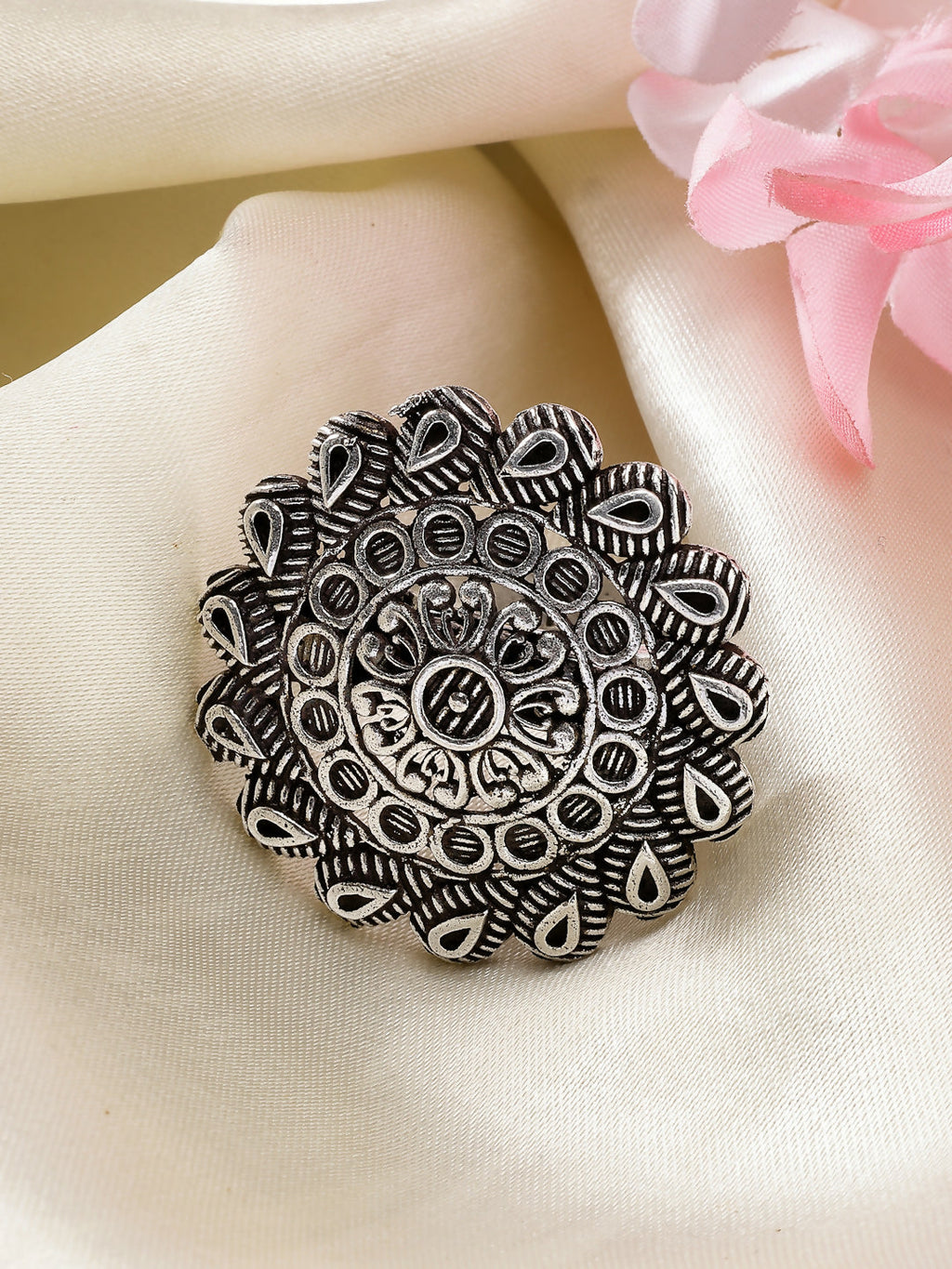 NVR Women's Silver-Toned Floral Shape Adjustable Finger Ring | Grocsy