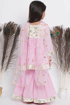 Little Bansi Floral Embroidery Jacket With Cotton Kantha Frock Sharara And Dupatta With Ghungroo Handwork - Pink | Grocsy