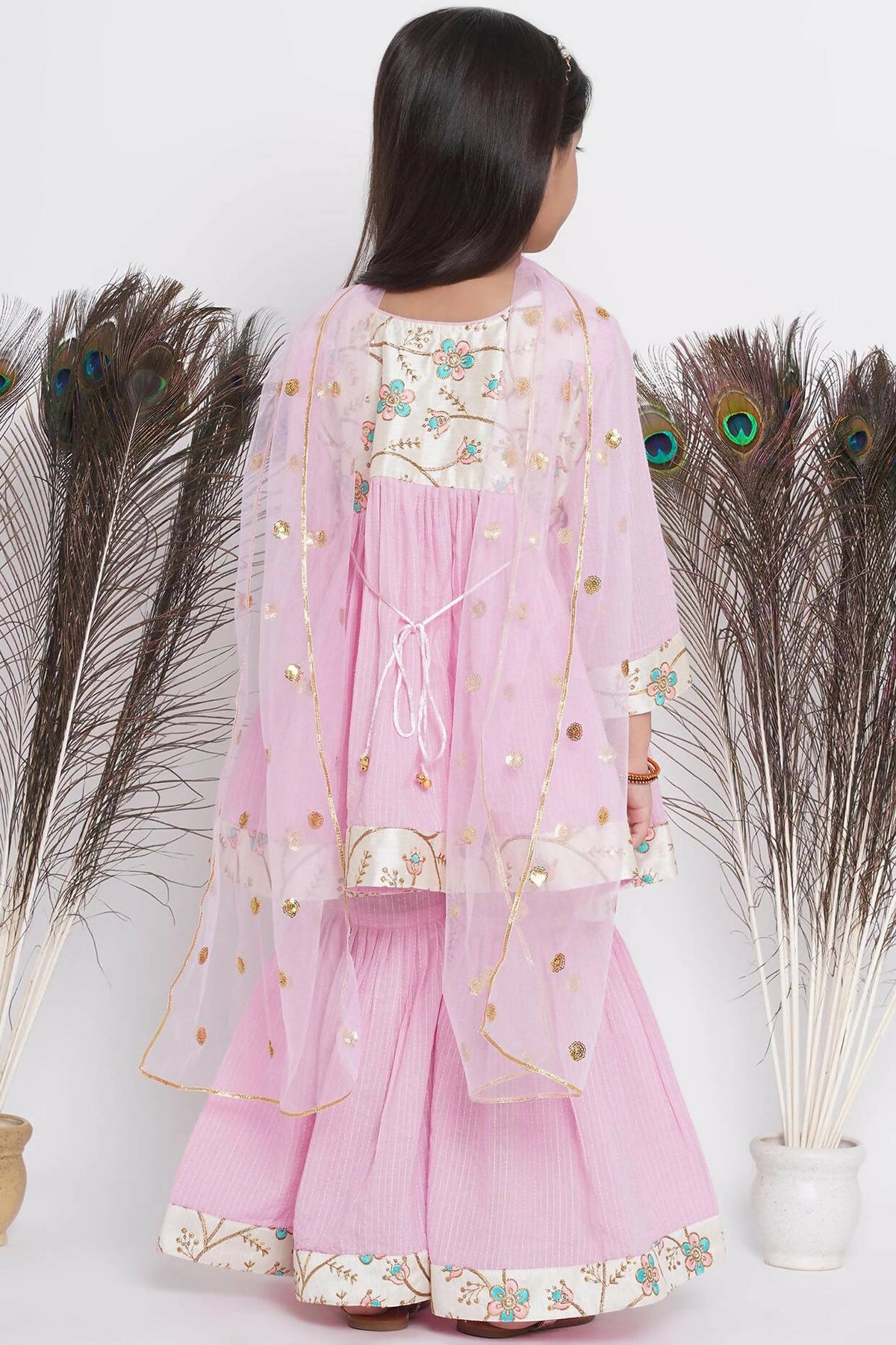 Little Bansi Floral Embroidery Jacket With Cotton Kantha Frock Sharara And Dupatta With Ghungroo Handwork - Pink | Grocsy
