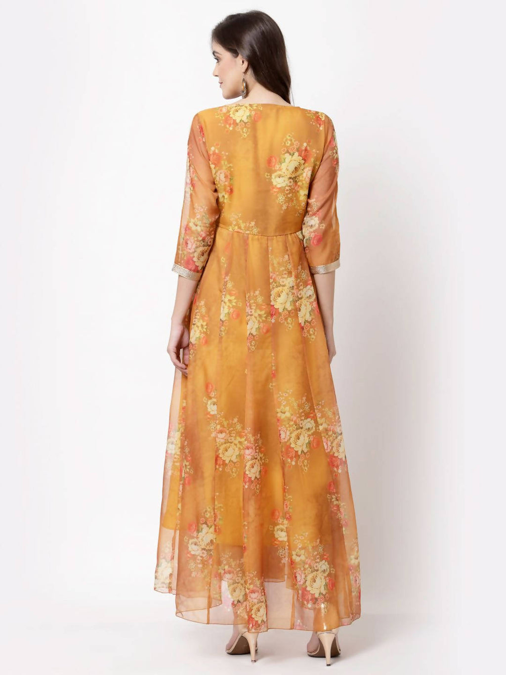 Myshka Women's Brown Organza Printed 3/4 Sleeve V Neck Casual Dress | Grocsy