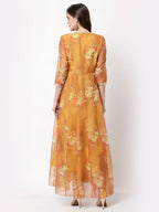 Myshka Women's Brown Organza Printed 3/4 Sleeve V Neck Casual Dress | Grocsy