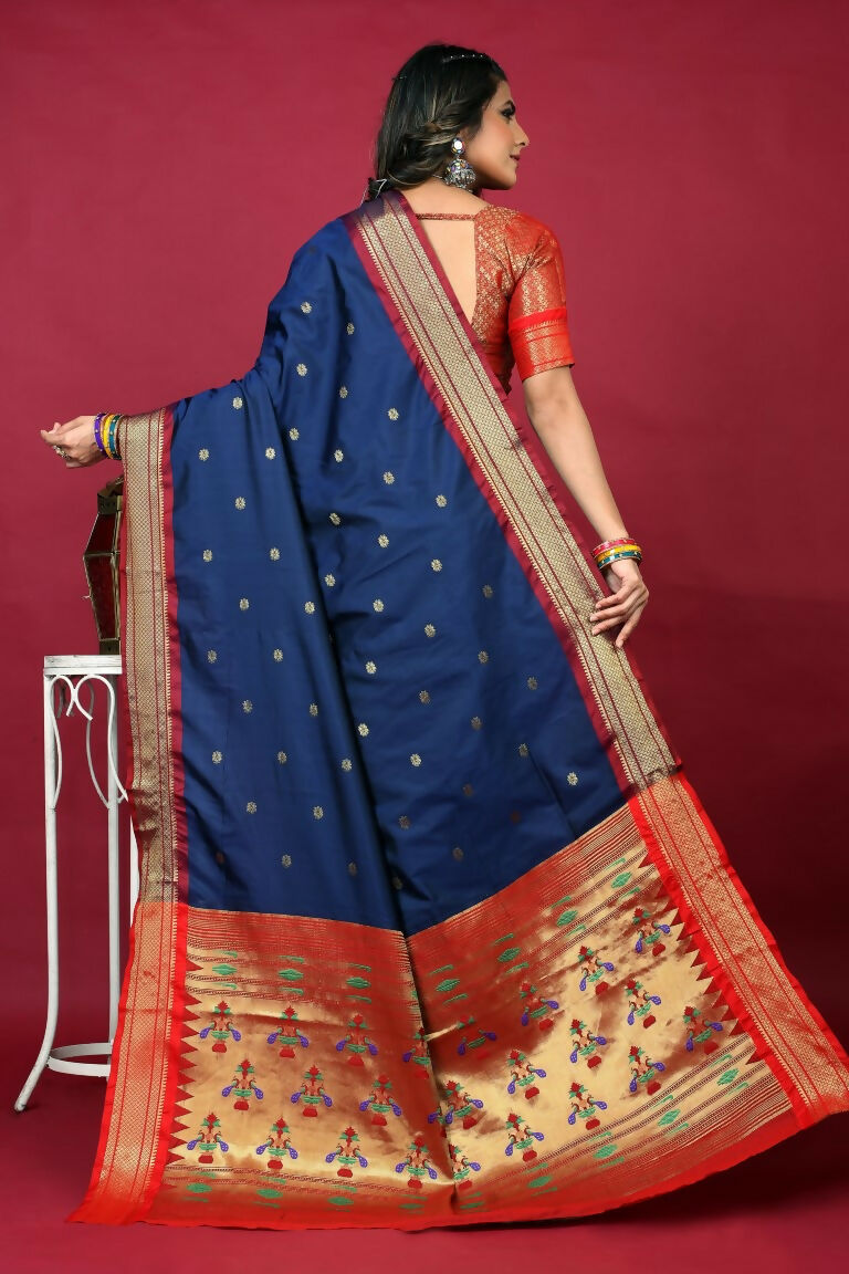 Jyoti Fashion Women's Navy Blue Paithani Silk Zari Woven Saree with Blouse | Grocsy