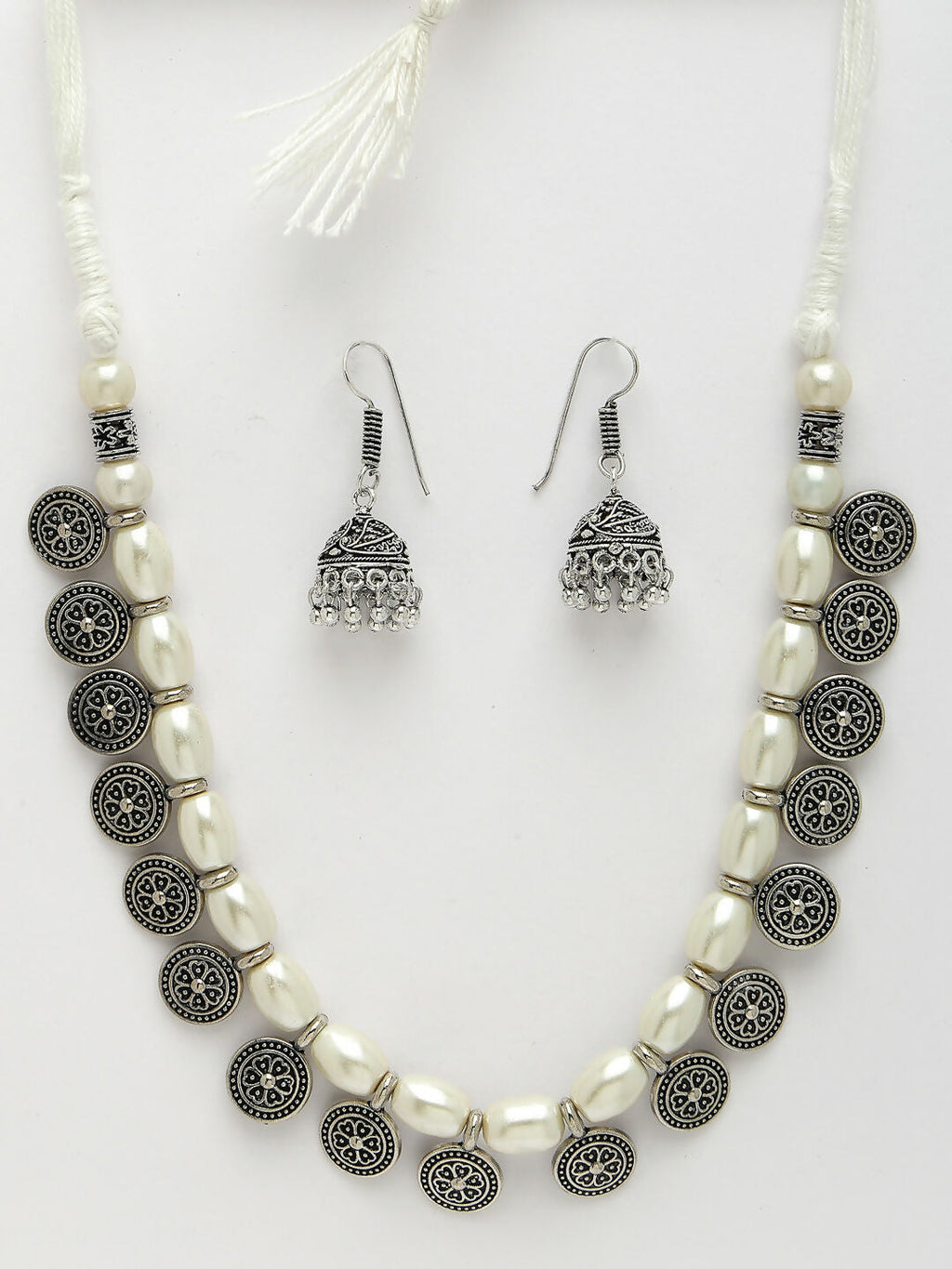 NVR Women's White Silver-Plated Choke Oxidized Necklace with Jhumka Earrings | Grocsy