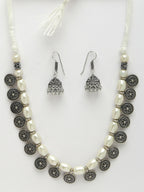 NVR Women's White Silver-Plated Choke Oxidized Necklace with Jhumka Earrings | Grocsy