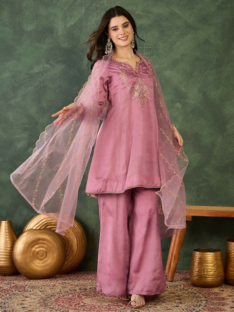 The52 Women's Gorgeous Embroidery Work Viscose Silk Fabric A-line Kurta Sharara and Dupatta Set | Grocsy