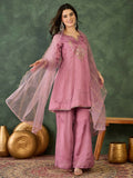 The52 Women's Gorgeous Embroidery Work Viscose Silk Fabric A-line Kurta Sharara and Dupatta Set | Grocsy