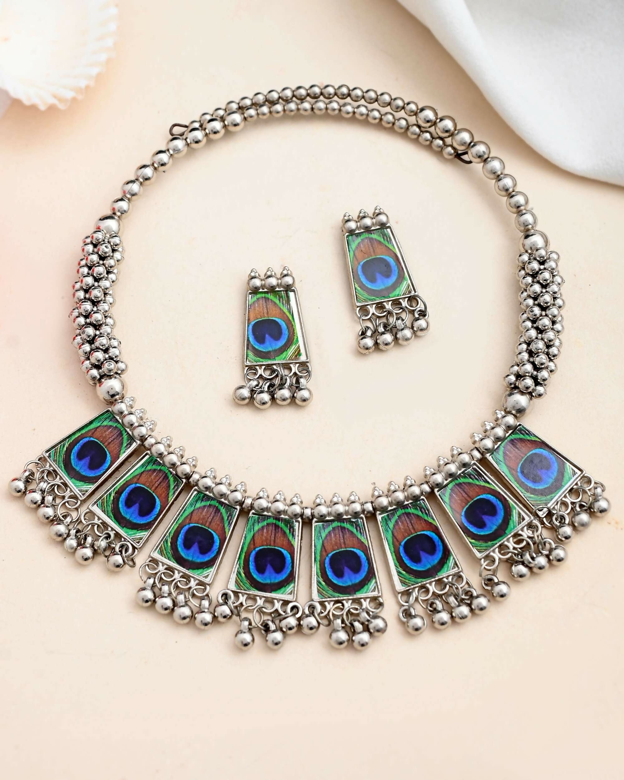 VOJ Silver Plated Oxidized Peacock Print Hasli with Earring Set | Grocsy