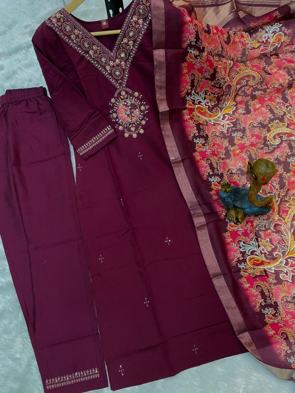 Teeya Creation Womens Wine Embroidered Kurta Pant Set | Grocsy