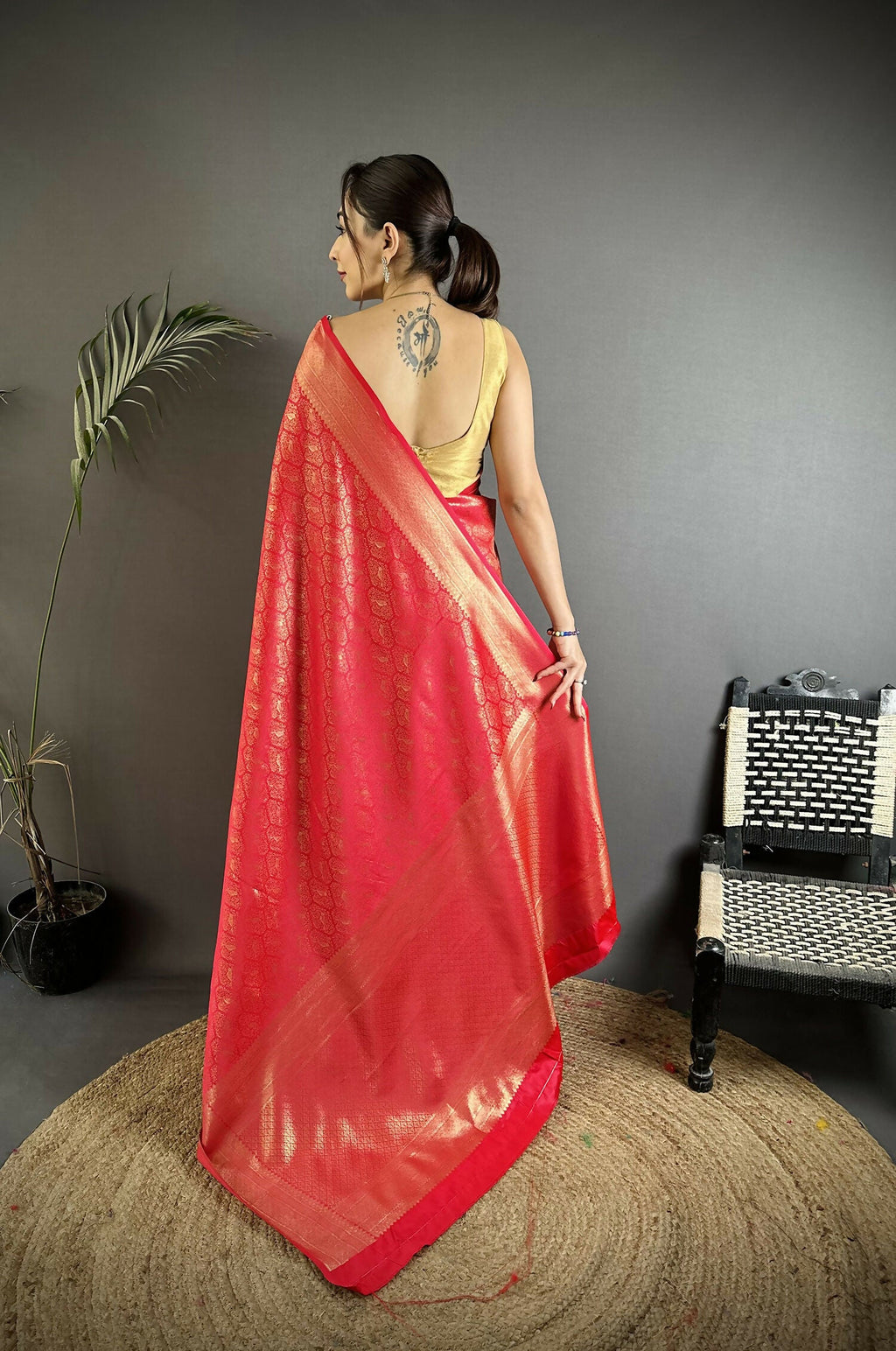 Joban Fashion Red Paisley & Floral Soft Satin Silk Banarasi Silk Saree | Grocsy