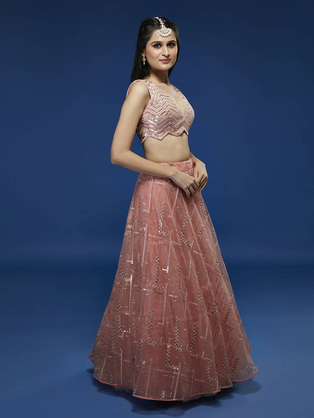 House of Panchhi Peach Net Sequinse Embroidered Lehenga & Blouse with Dupatta | Grocsy