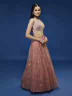 House of Panchhi Peach Net Sequinse Embroidered Lehenga & Blouse with Dupatta | Grocsy