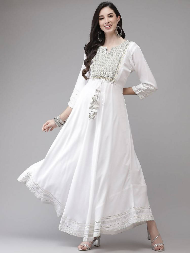 Yufta White Embroidered Ethnic Maxi Dress | Grocsy
