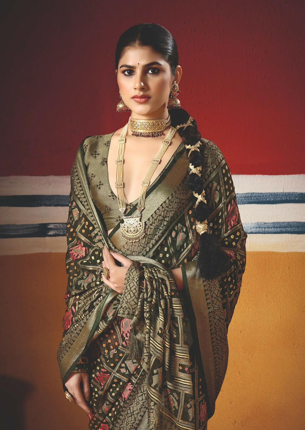 Joban Fashion Green Dull Moss Brasso Saree | Grocsy