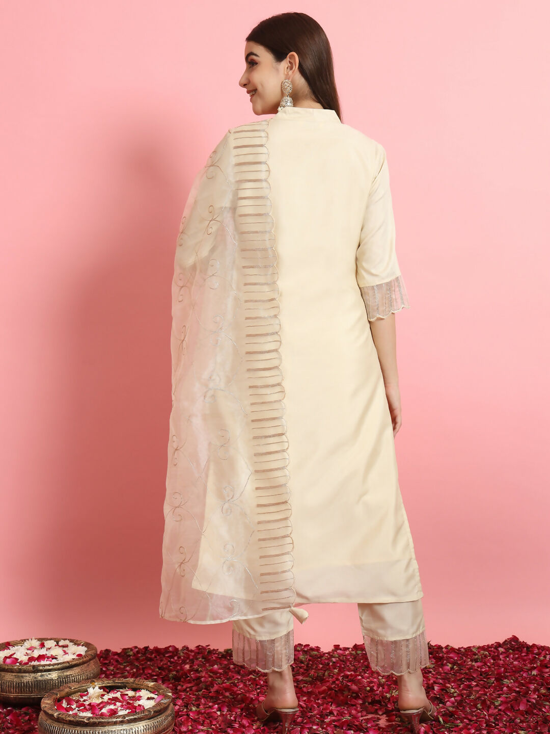 Vellora Elegant Beige Silk Blend Casual Wear Embroidered Salwar Suit | Grocsy