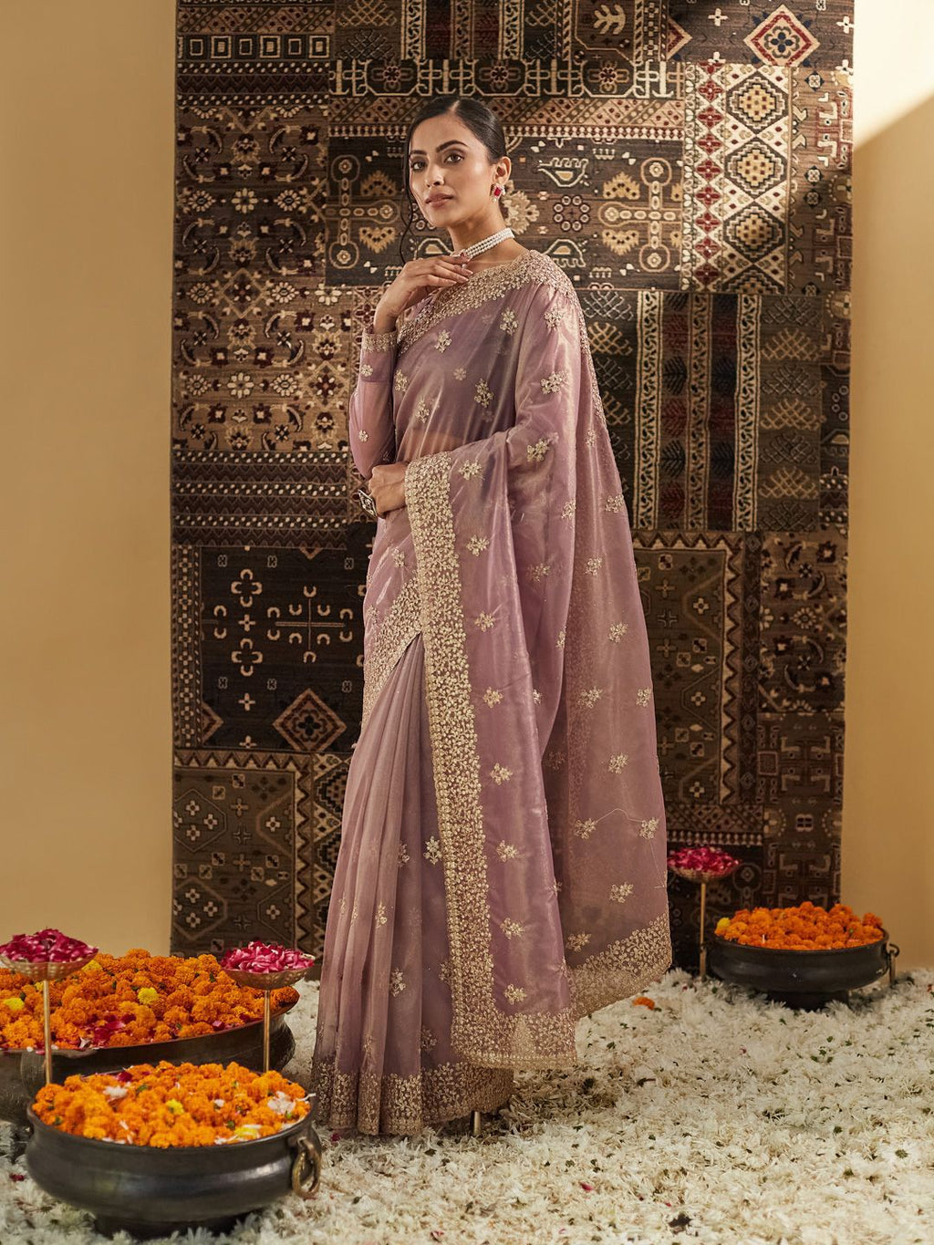 kasee Floral Zardozi Supernet Saree | Grocsy