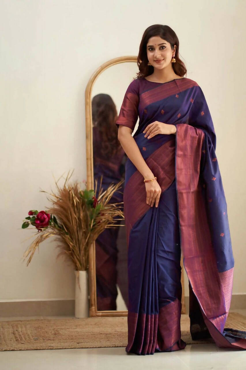 DEIANA'S Beautiful Designer Golden zari Soft Lichi Silk Saree - Navy Blue | Grocsy