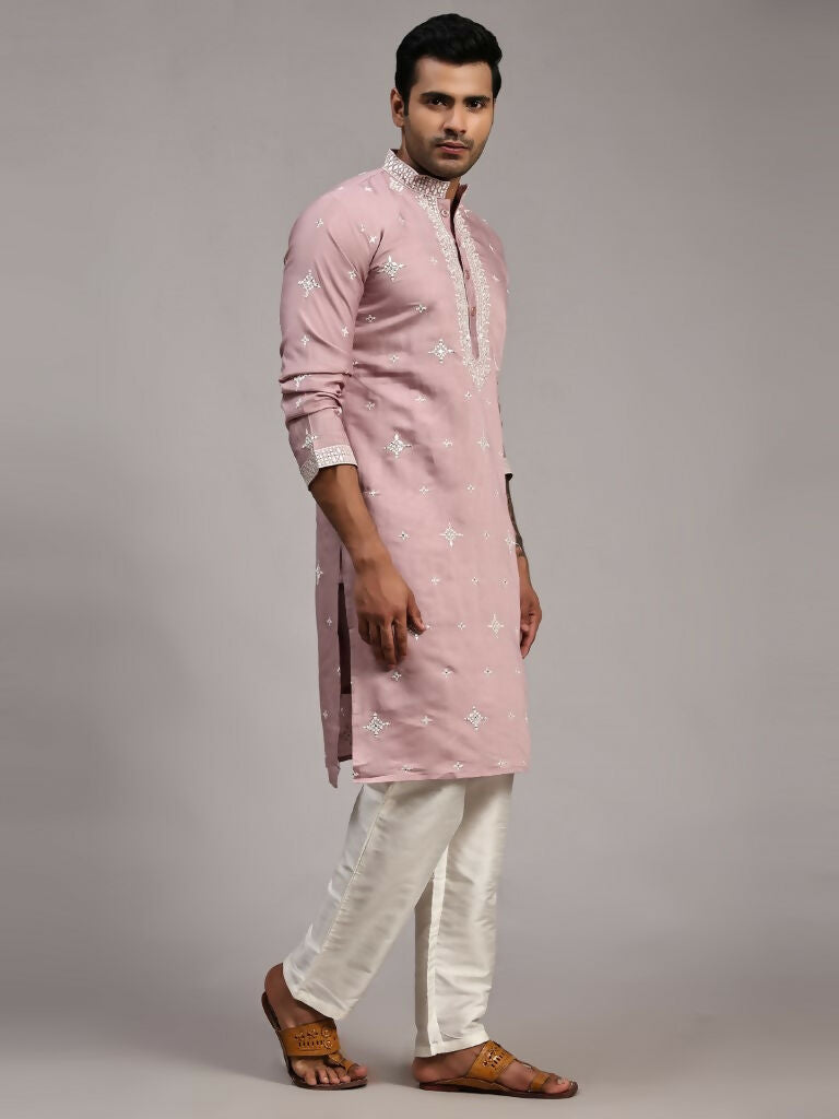 Pink Silk Designer Embroidery Work Men's Rajwadi Kurta Set - Mahotsav | Grocsy