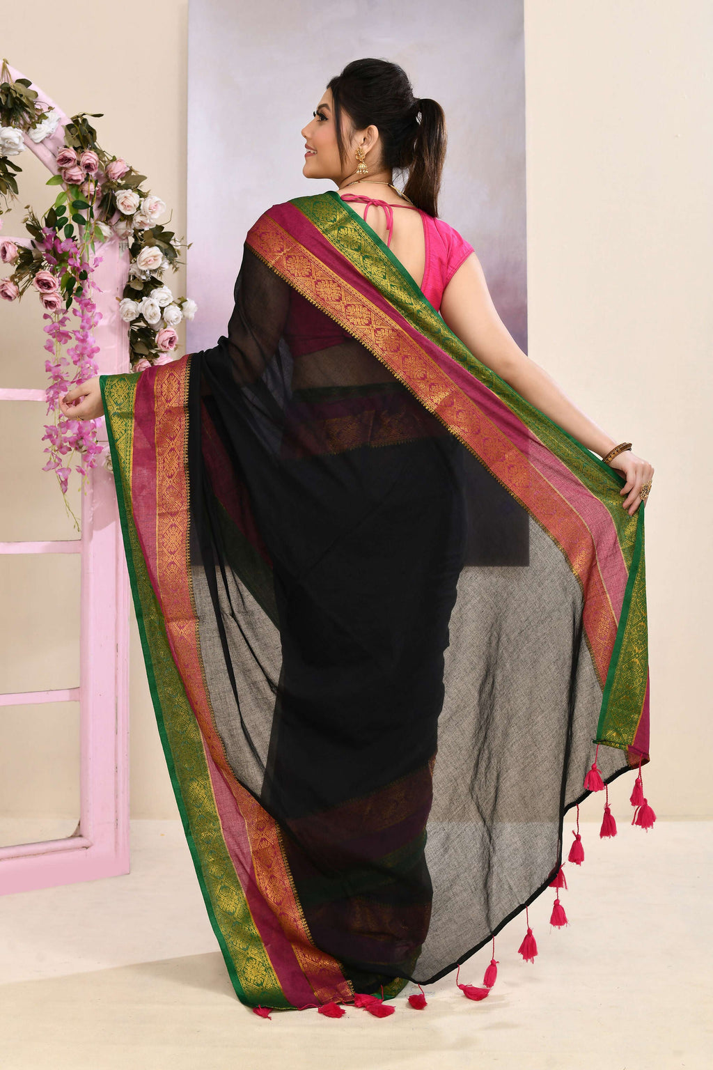 Piyari Fashion Women's Black Embellished Zari Border Cotton Saree | Grocsy