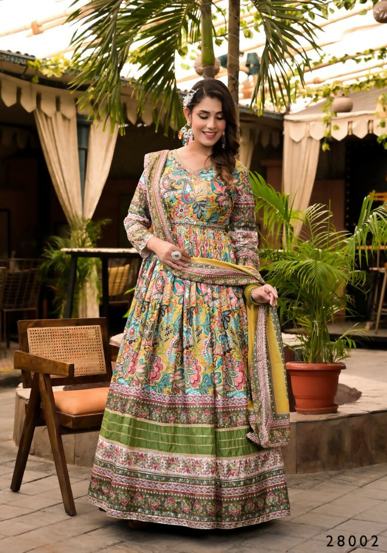 Wedding Designer Multi Soft Dola Silk Anarkali suit with Dupatta - Sanj | Grocsy