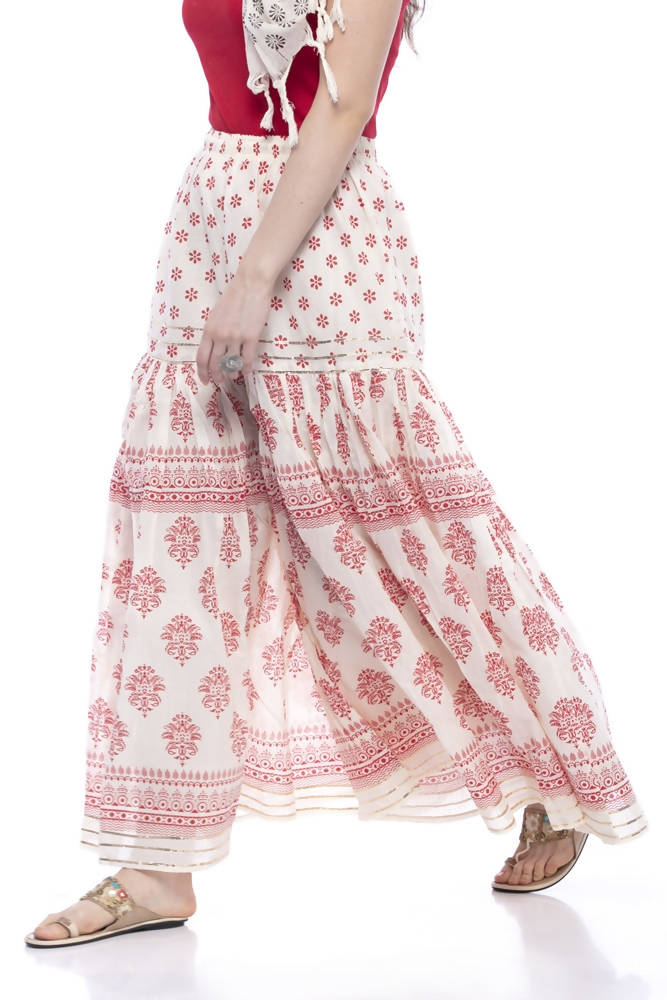 Mominos Fashion Cotton Block Print With Lace Work Off White Red Color Prints Palazzo | Grocsy