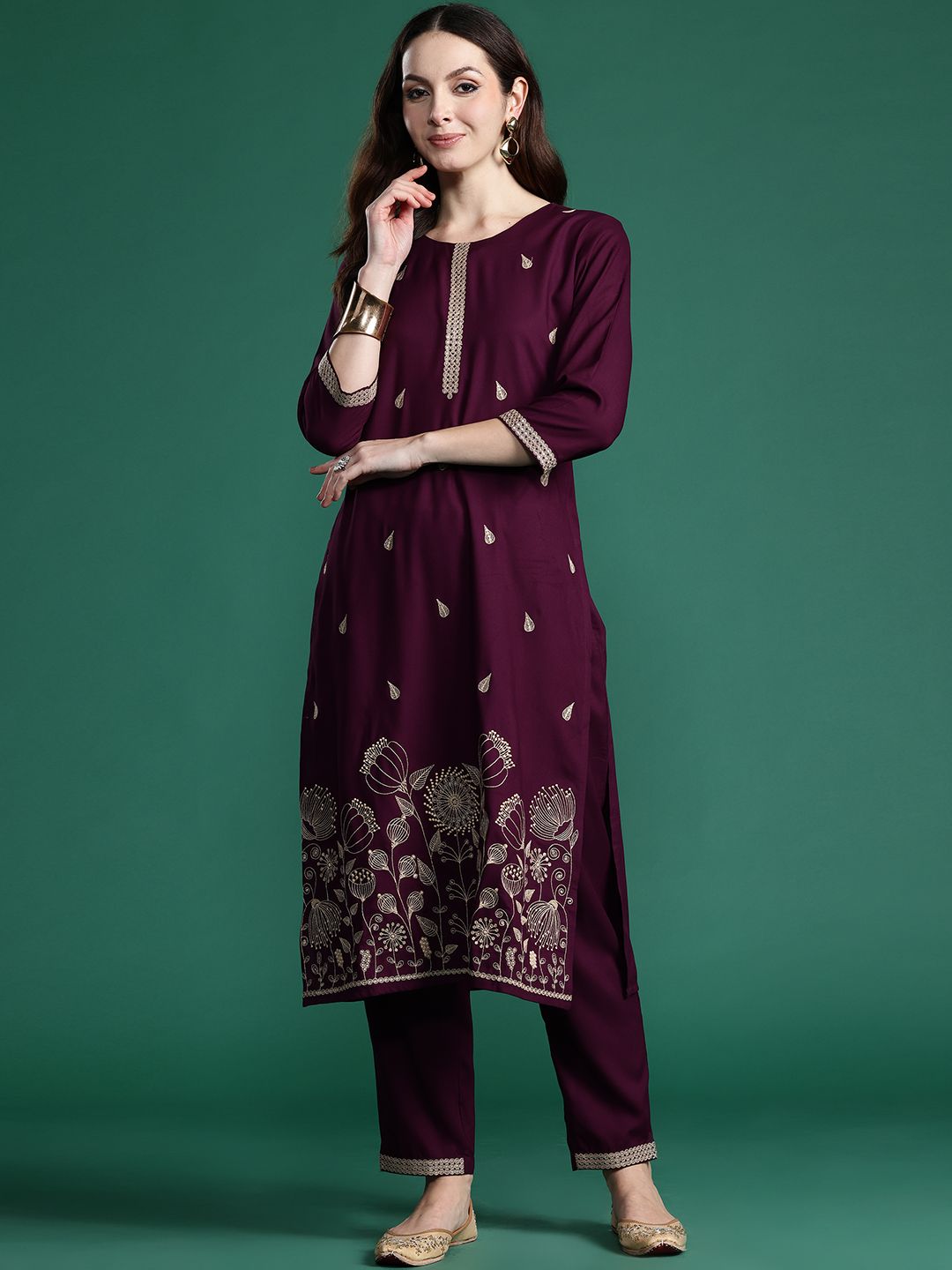 Indo Era Ethnic Motifs Embroidered Sequinned Kurta with Trousers | Grocsy