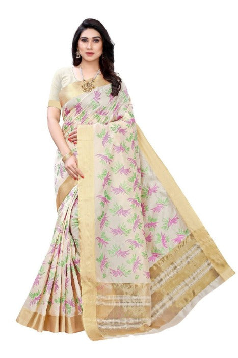 Vamika Cotton Polyester Silk Weaving Cream Saree (KERALA MANSHI) | Grocsy