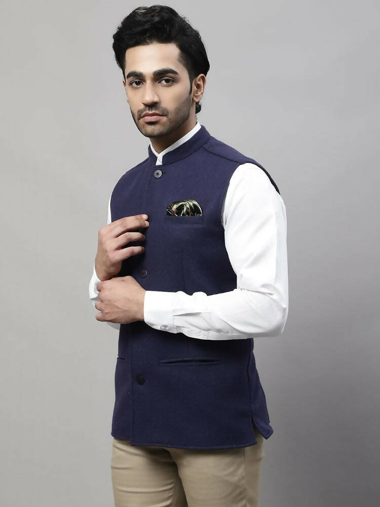 Even Apparels Pure Wool Nehru Jacket - Navy | Grocsy