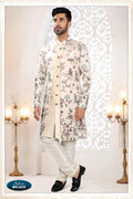 Joban Fashion Men's Cream Straight Malai Silk Thread And Sequence Embroidery All Over 3 Pc Kurta Set | Grocsy