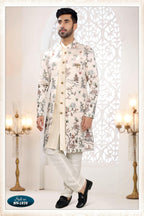 Joban Fashion Men's Cream Straight Malai Silk Thread And Sequence Embroidery All Over 3 Pc Kurta Set | Grocsy