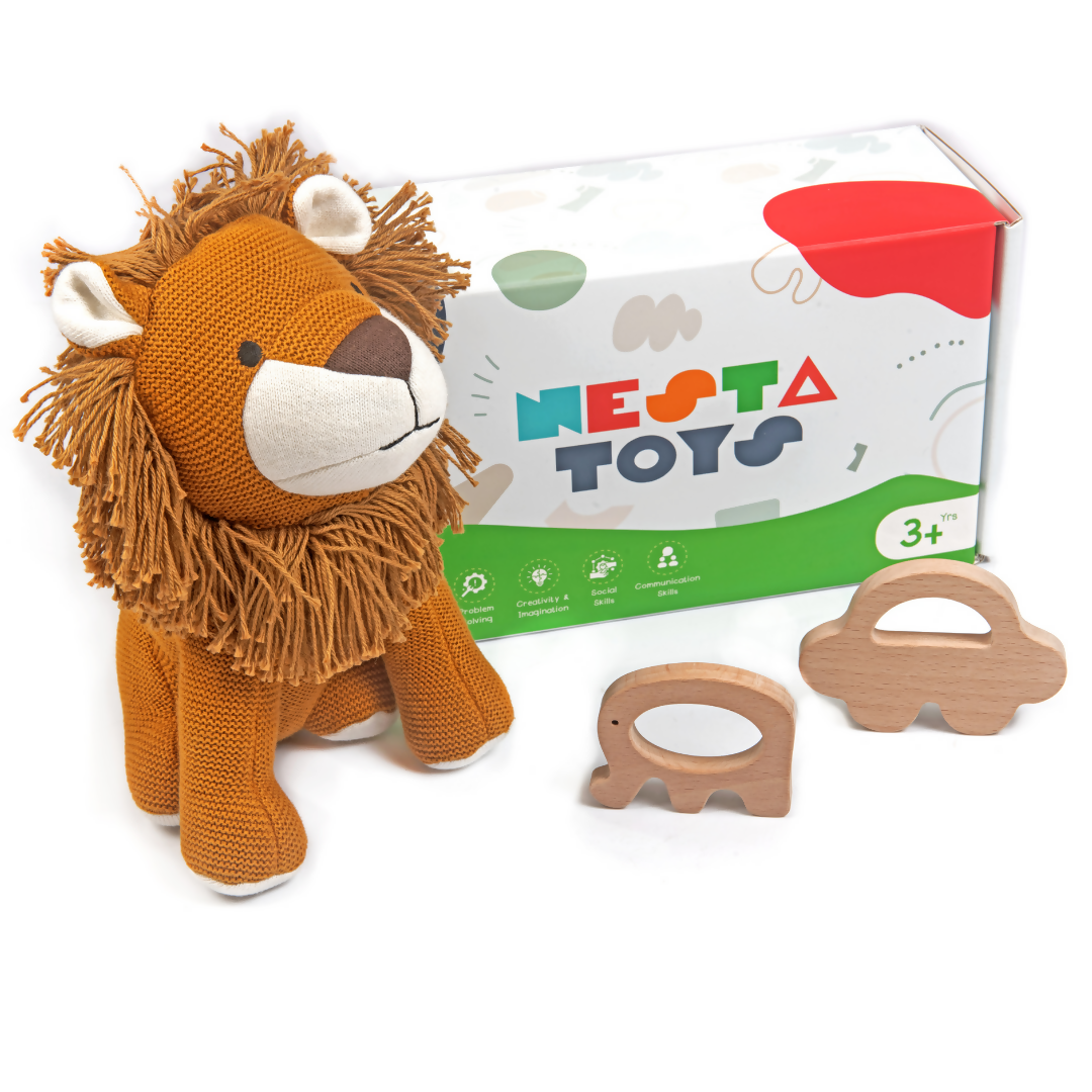 Nesta Toys Newborn Gift Set - Lion Plush Toy, Wooden Elephant & Car Teether | Grocsy