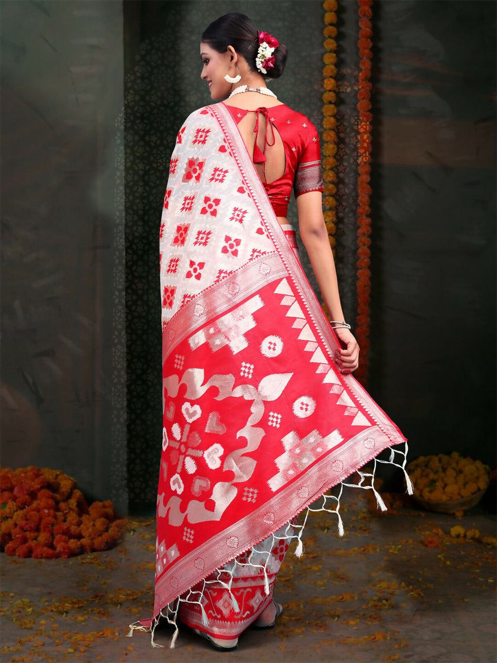 Shree Shyam Fashion Devistuti Red White Linen Cotton Saree | Grocsy