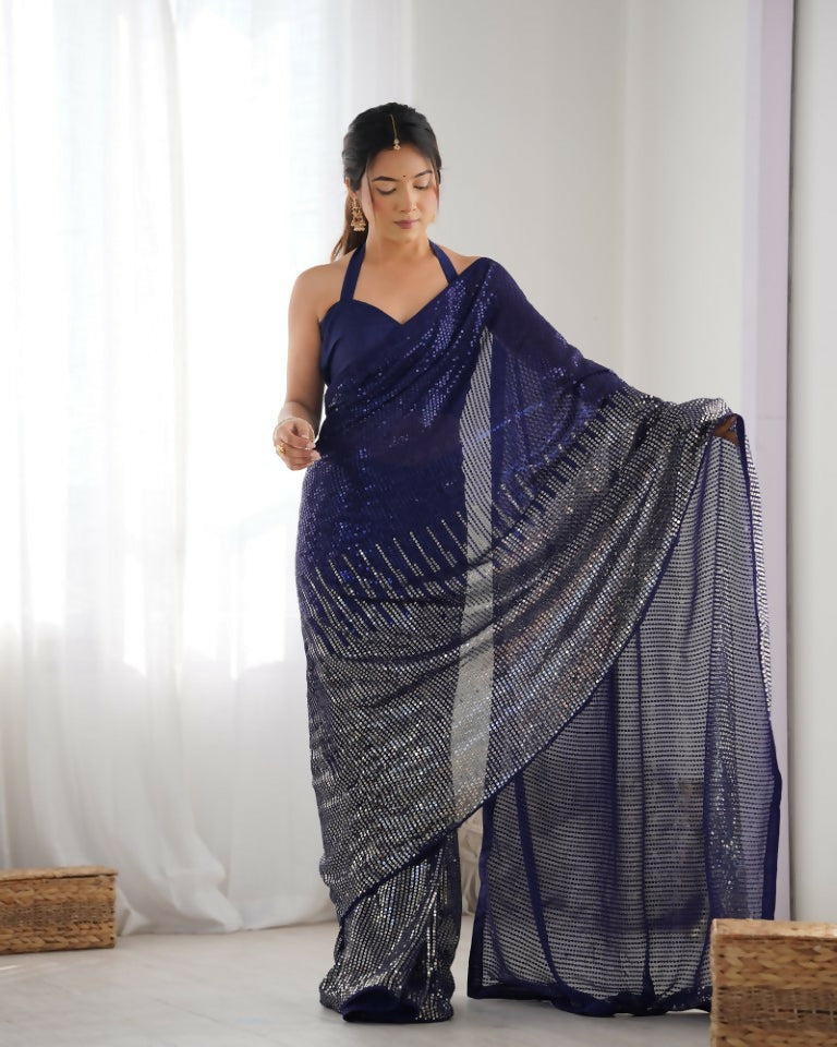 Blue Georgette Designer Sequence Embroidery Work Saree - Sitare | Grocsy