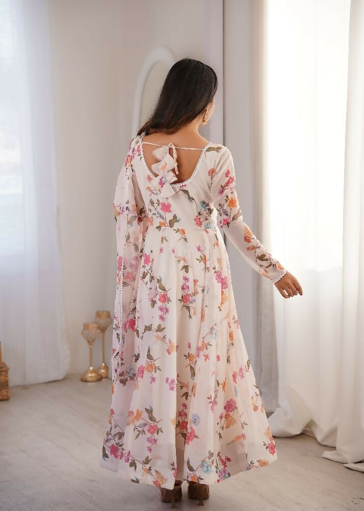 Teeya Creation Cream Faux Georgette Digital Print Party Wear Long Gown | Grocsy