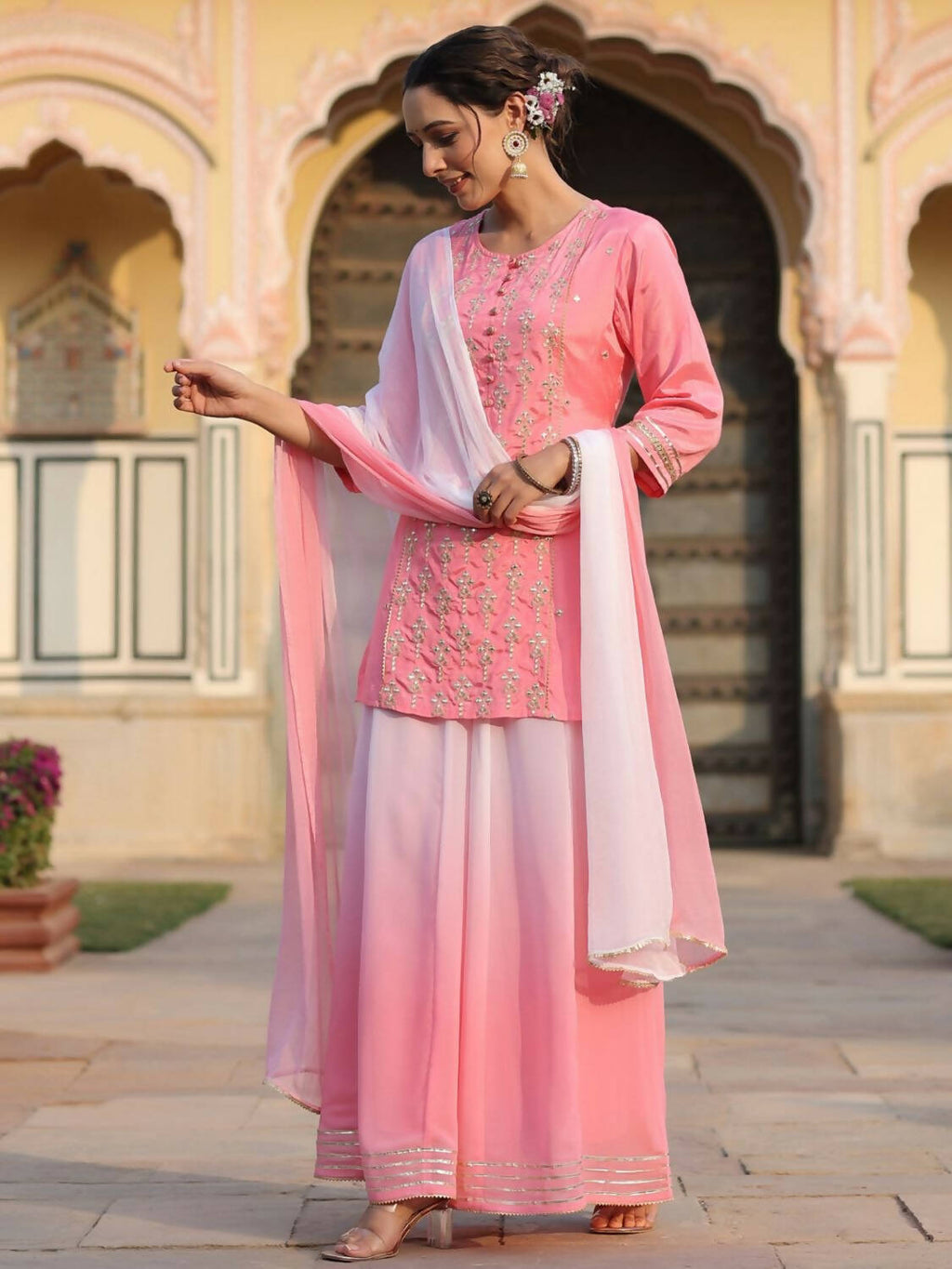 Juniper Women Pink Shantoon Embroidered Kurta, Palazzo and Dupatta Set | Grocsy