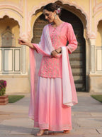 Juniper Women Pink Shantoon Embroidered Kurta, Palazzo and Dupatta Set | Grocsy