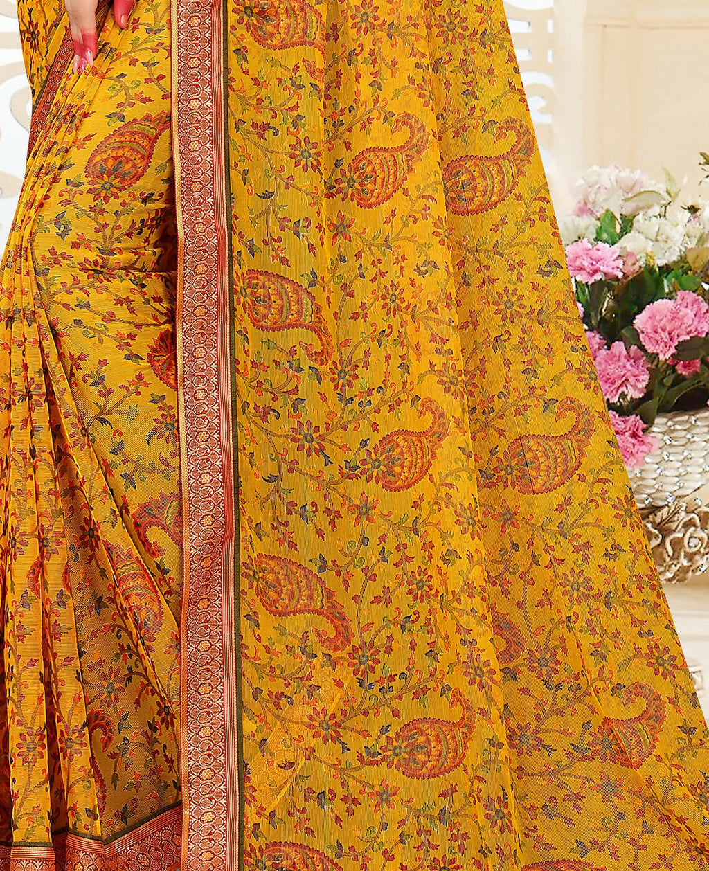 Yellow Chiffon Brasso Printed Saree With Unstitched Blouse Piece - Jyoti | Grocsy