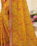 Yellow Chiffon Brasso Printed Saree With Unstitched Blouse Piece - Jyoti | Grocsy